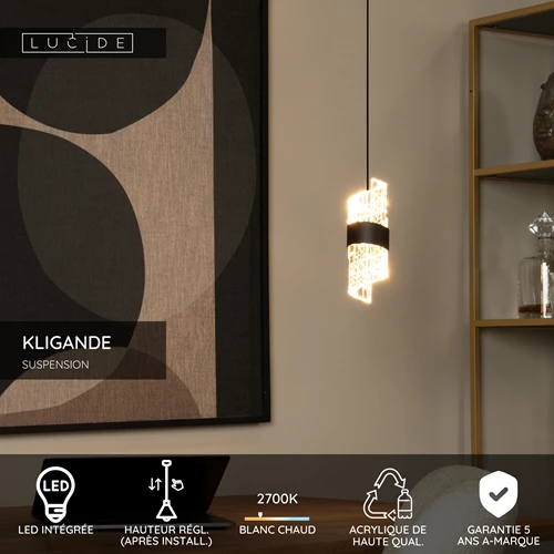 Lucide KLIGANDE - Suspension - Ø 13 cm - LED - 1x9W 2700K - Noir - USP
